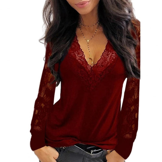 Female Tops Pullover Deep V Neck Lace Trim See Through Long Sleeve Blouse Top Blouse Blouse Shirts