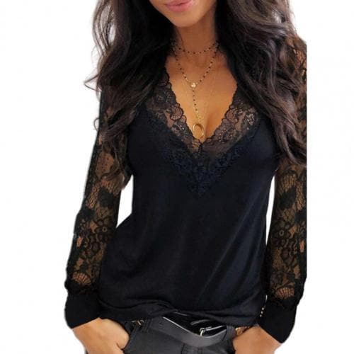 Female Tops Pullover Deep V Neck Lace Trim See Through Long Sleeve Blouse Top Blouse Blouse Shirts