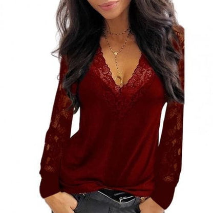 Female Tops Pullover Deep V Neck Lace Trim See Through Long Sleeve Blouse Top Blouse Blouse Shirts