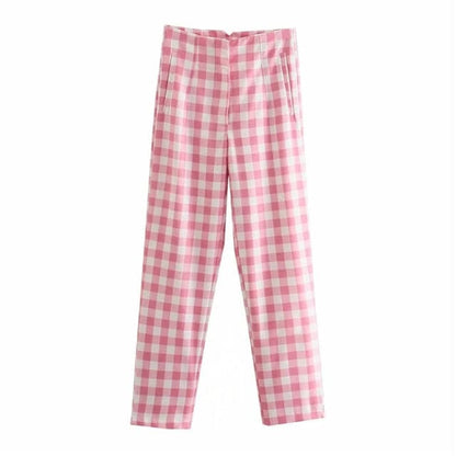 Office Lady Pink Plaid Suit Cotton Long Pants Summer Za High Waist Zipper Straight Trousers