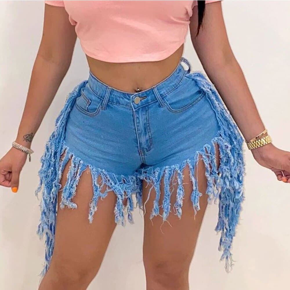 High Waist Tassel Denim Shorts