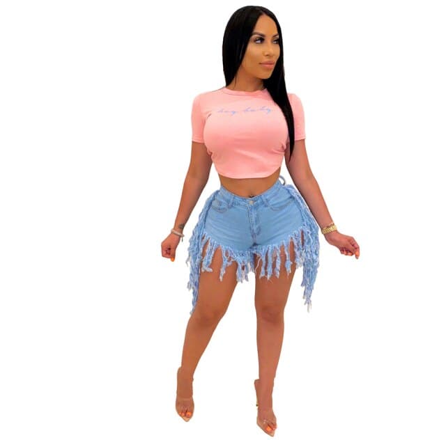 High Waist Tassel Denim Shorts