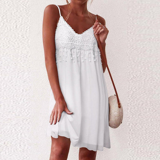 V-neck Strap Open White Lace Sleeveless Loose Mini Dress