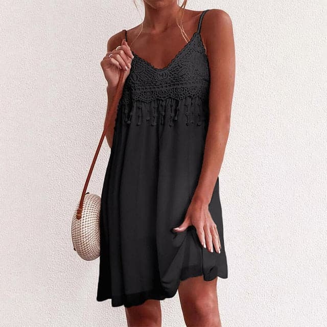 V-neck Strap Open White Lace Sleeveless Loose Mini Dress