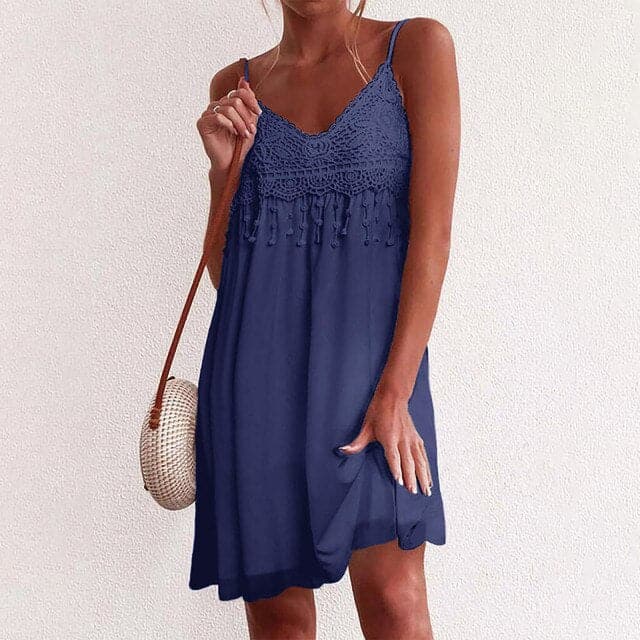 V-neck Strap Open White Lace Sleeveless Loose Mini Dress
