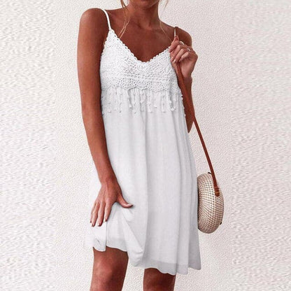 V-neck Strap Open White Lace Sleeveless Loose Mini Dress