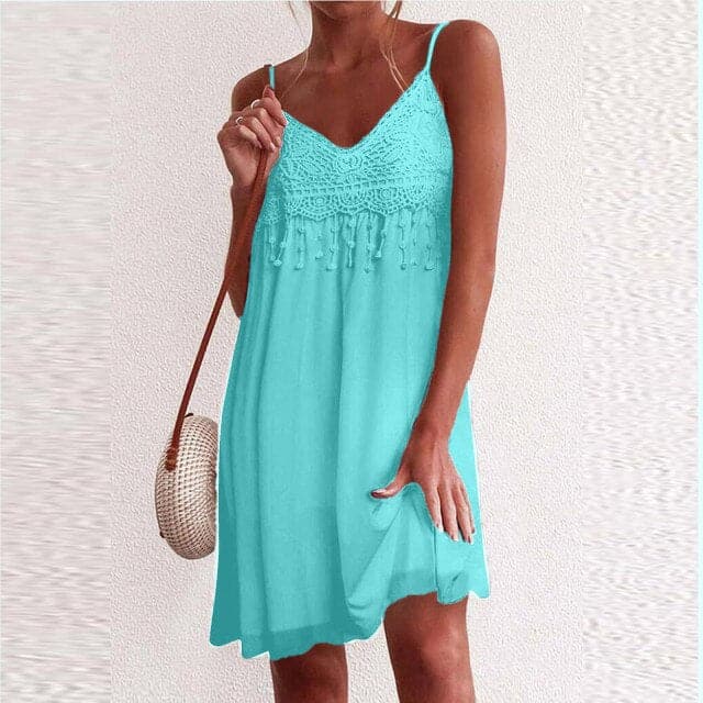 V-neck Strap Open White Lace Sleeveless Loose Mini Dress