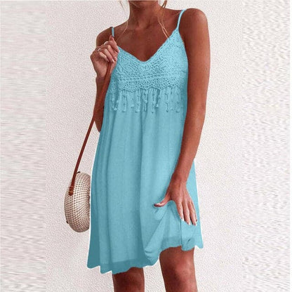 V-neck Strap Open White Lace Sleeveless Loose Mini Dress