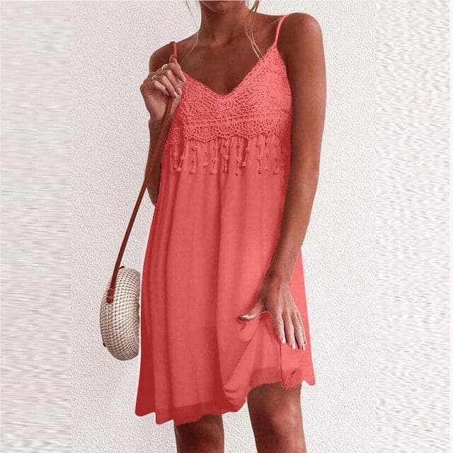 V-neck Strap Open White Lace Sleeveless Loose Mini Dress