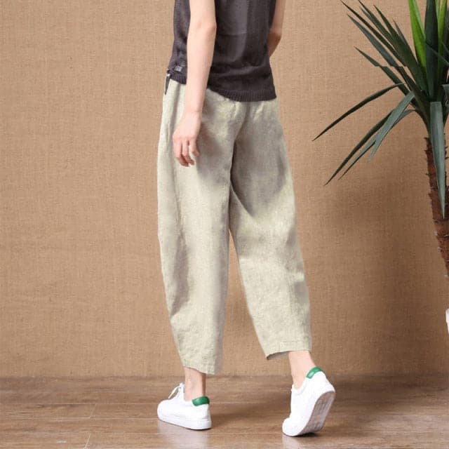 Shimai Cotton Linen Pants Elastic Waist Trousers Lady Loose Pants S-2xl Retro Literary Cotton Trousers