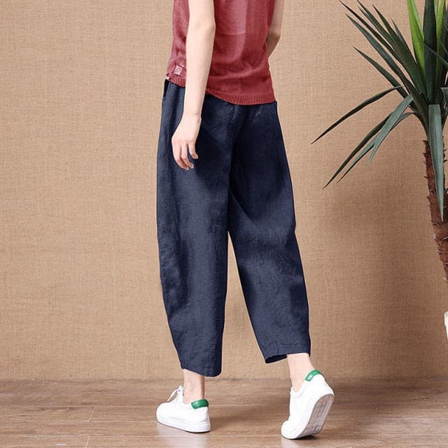 Shimai Cotton Linen Pants Elastic Waist Trousers Lady Loose Pants S-2xl Retro Literary Cotton Trousers