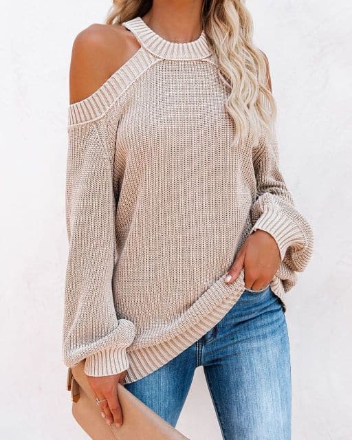 Dressbetty - Hollow Out Sweater Backless Halter Cross Jumper Autumn Winter New Oversize Puff Sleeve Sweaters Tops