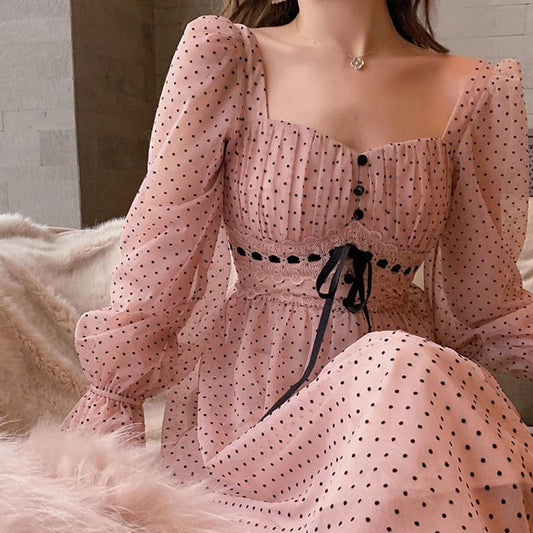 French Midi Dress Puffer Sleeve Square Collor Office Dress Female Autumn Dot One Piece Dress Korean