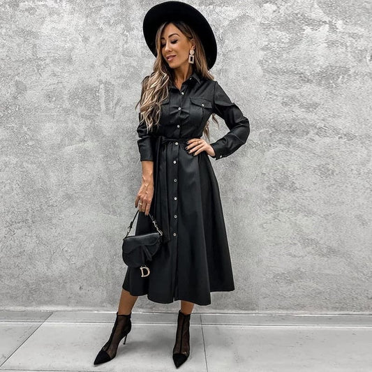 Office Lady Pu a Line Turn Down Collar Single Breasted Sashes Black New Autumn Party Long Dress