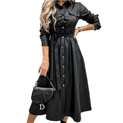 Office Lady Pu a Line Turn Down Collar Single Breasted Sashes Black New Autumn Party Long Dress