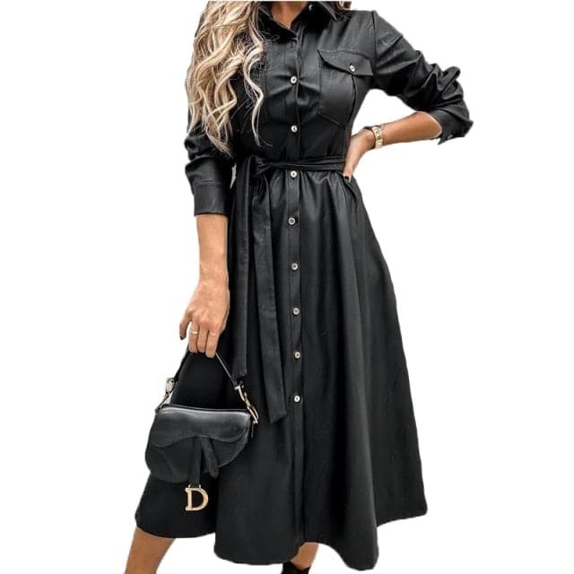 Office Lady Pu a Line Turn Down Collar Single Breasted Sashes Black New Autumn Party Long Dress