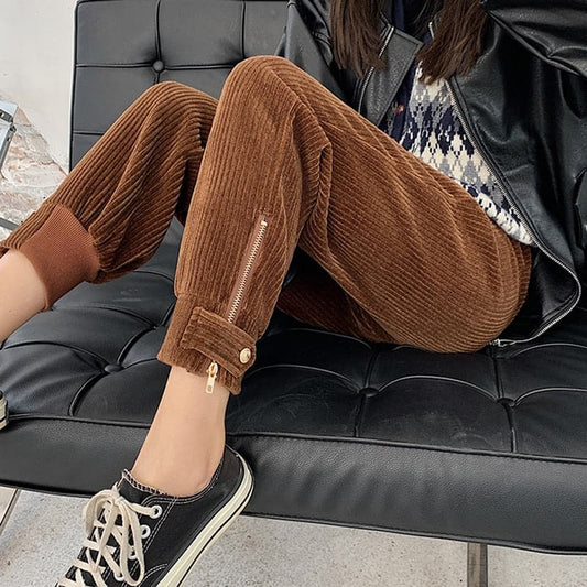 Winter Corduroy Pants Thick Warm Zipper Elastic High Waist Pencil Pant Causal Loose Baggy Trousers