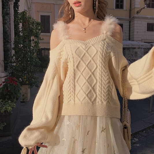 Dressbetty - Off-the-shoulder Sweater Autumn Winter Soft Lace Puff Sleeve Knitted Sweater Woman Italy Pull Crop Top