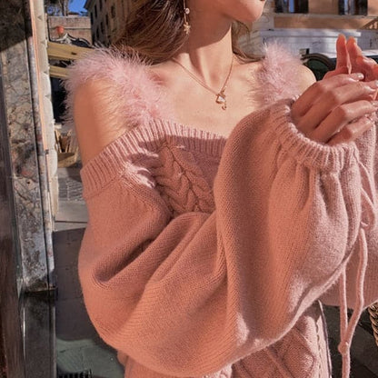 Dressbetty - Off-the-shoulder Sweater Autumn Winter Soft Lace Puff Sleeve Knitted Sweater Woman Italy Pull Crop Top