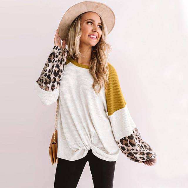 Leopard Patchwork Sweatshirt Woman Loose Long Sleeve O-neck Aesthetic Autumn Pullover Clothes