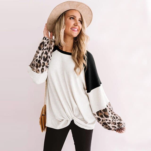 Leopard Patchwork Sweatshirt Woman Loose Long Sleeve O-neck Aesthetic Autumn Pullover Clothes