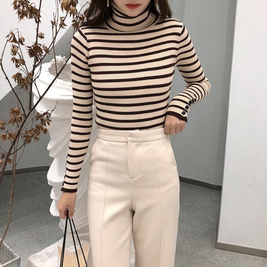 Dressbetty - High-collar Striped Knit Bottom Sweater