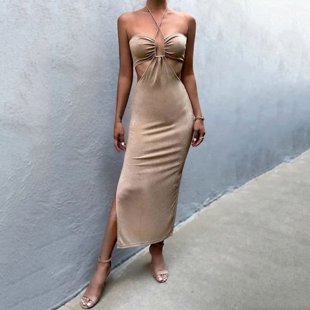 Halter Cut Out Backless Corset Midi Dress High Waist Split Slim Dresses Autumn Party Club Kawaii Robe
