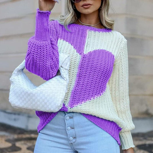 Dressbetty - O Neck Love Print Patchwork Knitted Sweater