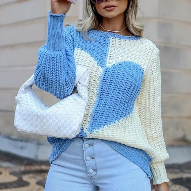 Dressbetty - O Neck Love Print Patchwork Knitted Sweater
