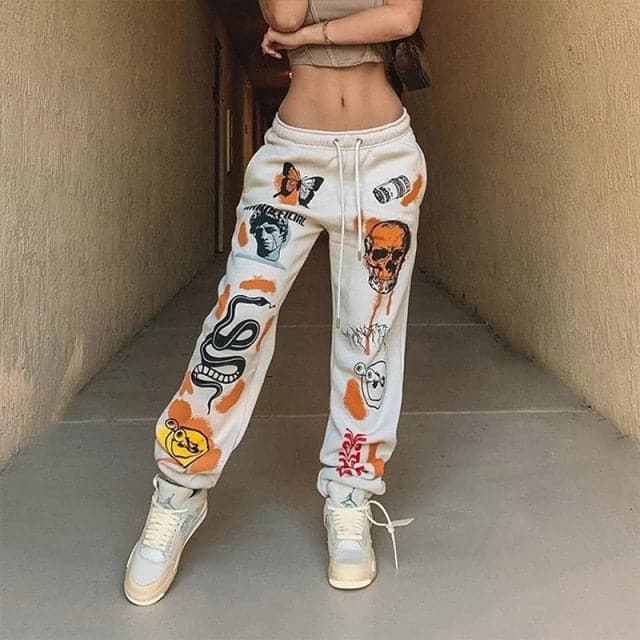 Woman Sweatpants Trousers Harajuku Jogger Cartoon Skull Print Urban Sweat Pants
