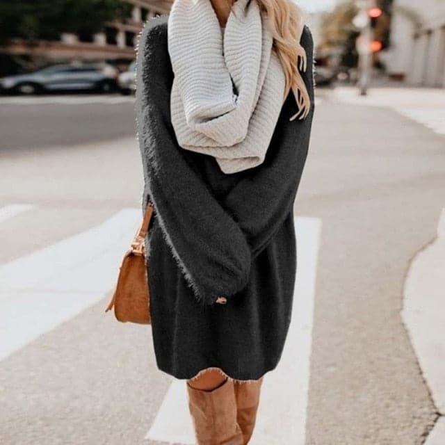Dressbetty - Long Sleeve Fluffy Sweater Dress