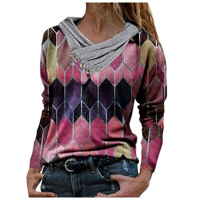 Geometric Hooded Blouse Spring Autumn Long Sleeve Tops Pullover Loose Shirts