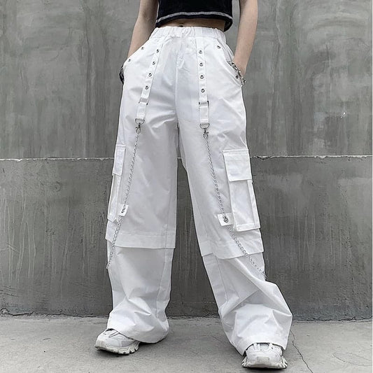 Mall Goth White Cargo Pants Gothic Harajuku Hippie Chain Punk Loose Trouser Baggy Oversize Korean Style