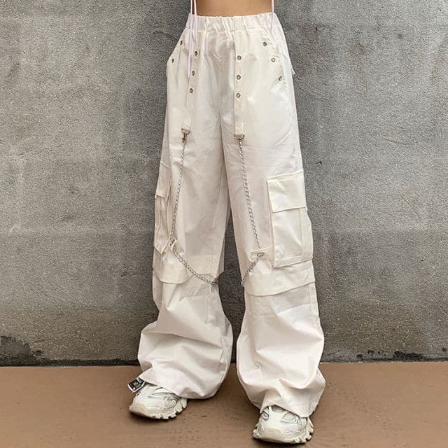 Mall Goth White Cargo Pants Gothic Harajuku Hippie Chain Punk Loose Trouser Baggy Oversize Korean Style