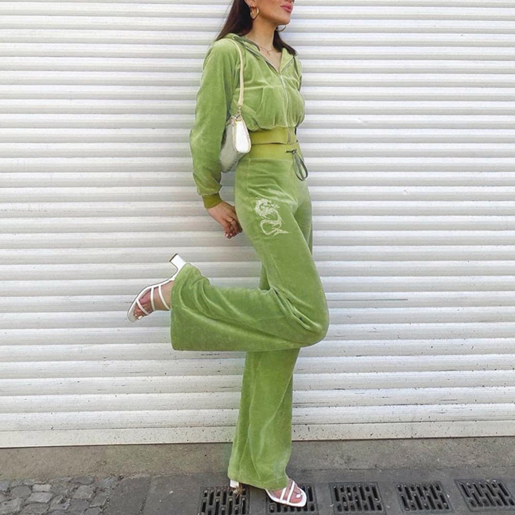 Harajuku Green Velvet Baggy Wideleg Pants