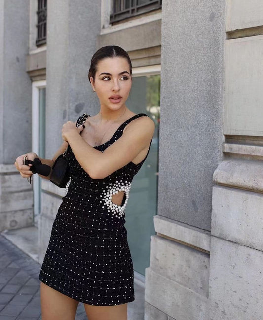 Tweed Black Plaid Hollow Out Mini Dresses