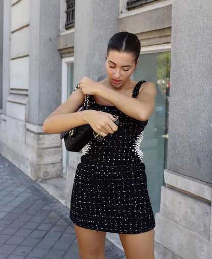 Tweed Black Plaid Hollow Out Mini Dresses