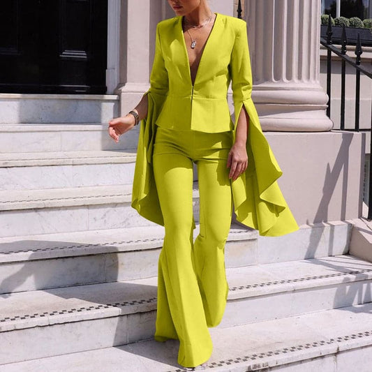 V-neck Office Flare Pants Suits