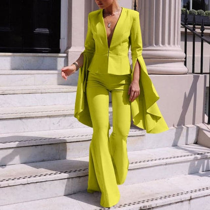 V-neck Office Flare Pants Suits