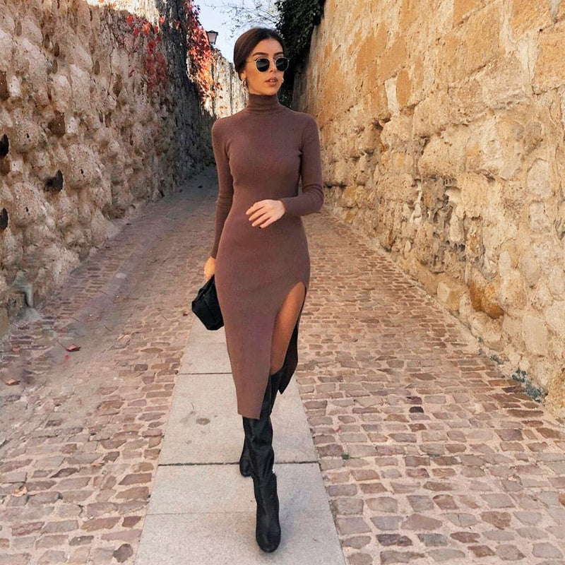 Dressbetty - Long Sleeves High-neck Elastic Midi Dress