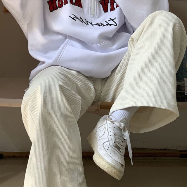 Beige Corduroy Wide Leg Pants