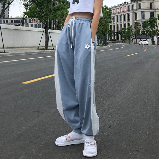 White Blue Contrast Loose Jogging Pants High Waist Drawstring Trousers Pants Female Korean Pants