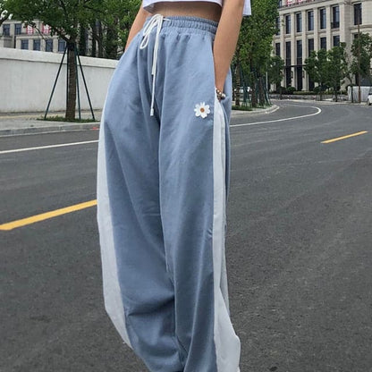 White Blue Contrast Loose Jogging Pants High Waist Drawstring Trousers Pants Female Korean Pants