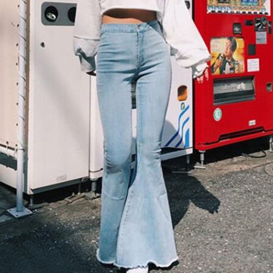 High Waist Slim and Skinny Big Flare Denim Pants Street Color Denim Trousers