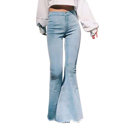High Waist Slim and Skinny Big Flare Denim Pants Street Color Denim Trousers