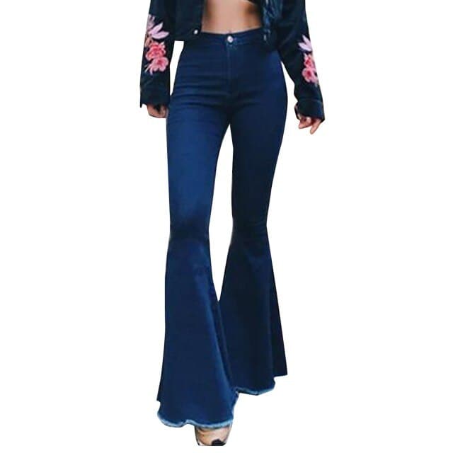 High Waist Slim and Skinny Big Flare Denim Pants Street Color Denim Trousers