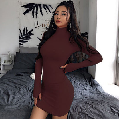 Dressbetty - Color Turtleneck Long Sleeve Bodycon Mini Dress