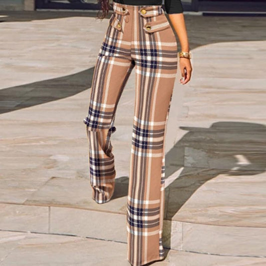 Skinny Straight Pants Spring New New Houndstooth Plaid Print Trouser All Match High Waist Office Suit Slim Trouser