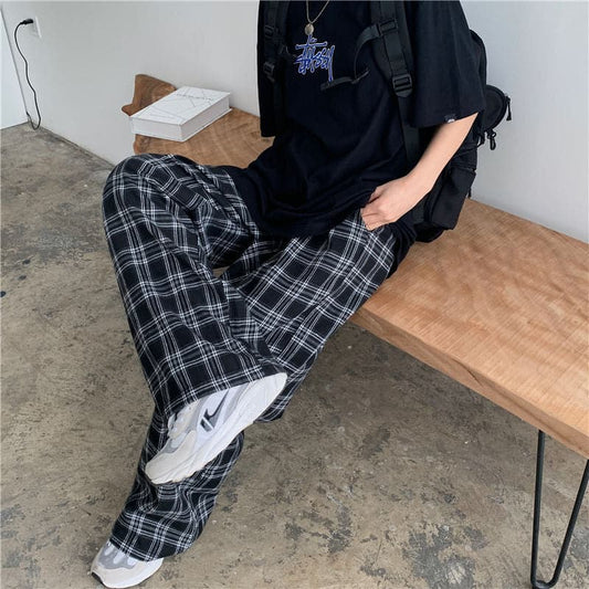 Oversize 3xl Plaid Pants Loose Wide Leg Trousers Ins Retro Teens Straight Trousers Hip-hop