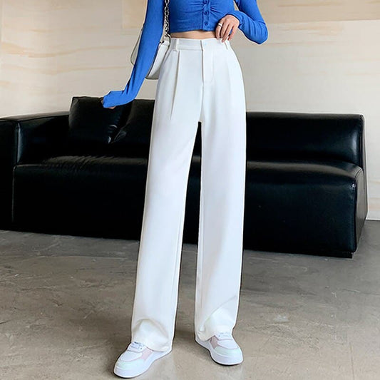 High Waist Floor-length Suits Pants Autumn Winter White Loose Wide Leg Pants Female Office Straight Long Trousers
